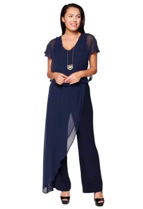 Navy Chiffon Overlay Jumpsuit