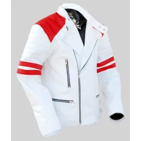 NWT White Men Mens with Red Patches Genuine Leather Jacket