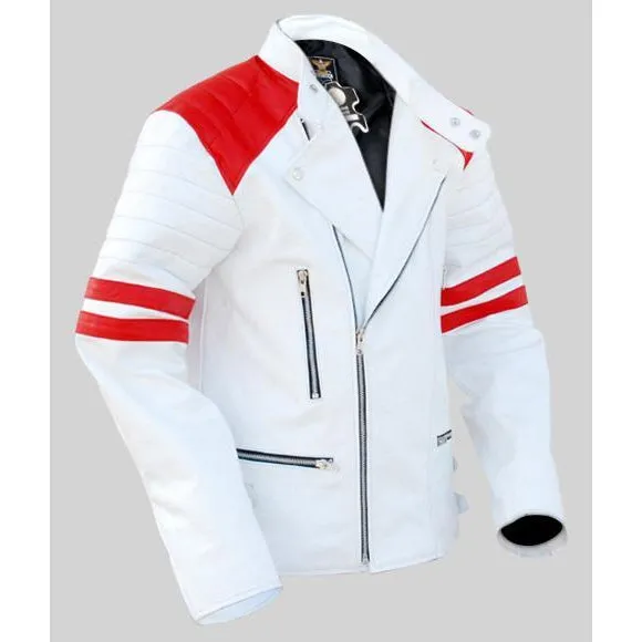 NWT White Men Mens with Red Patches Genuine Leather Jacket