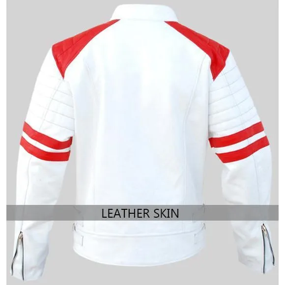 NWT White Men Mens with Red Patches Genuine Leather Jacket