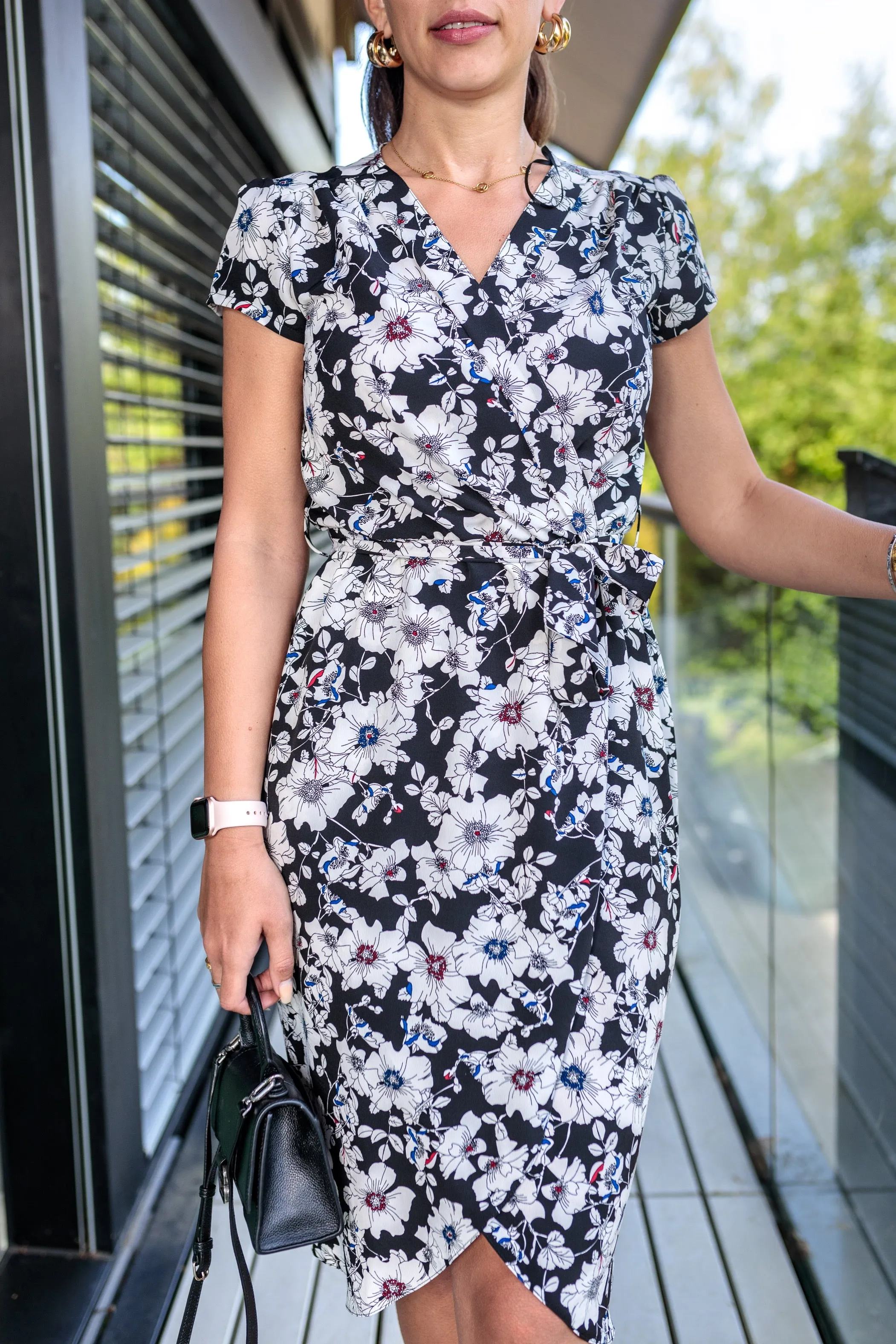 Ola Summer Wrap Style Midi Dress In Black And White Floral