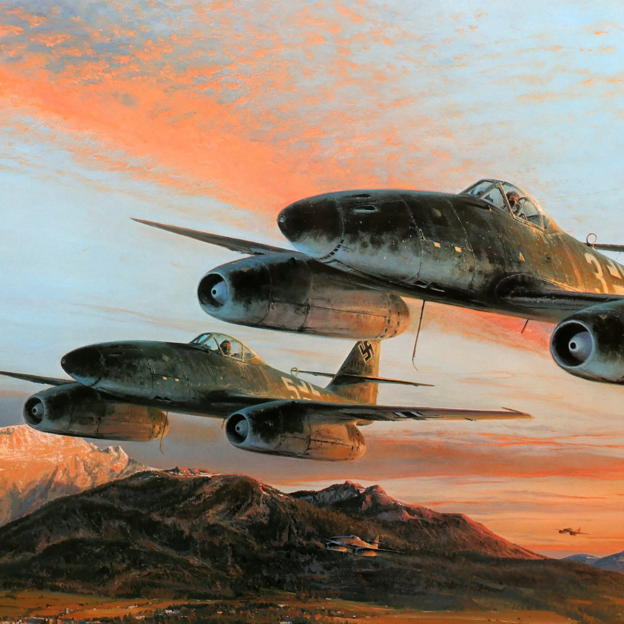 Original Artwork Print: “Fighter General” Painting of German Luftwaffe JV44 Fighters over Downed B-24; Signed by Artist and 4 German Flying Aces - 38" x 30", in Museum Grade Frame