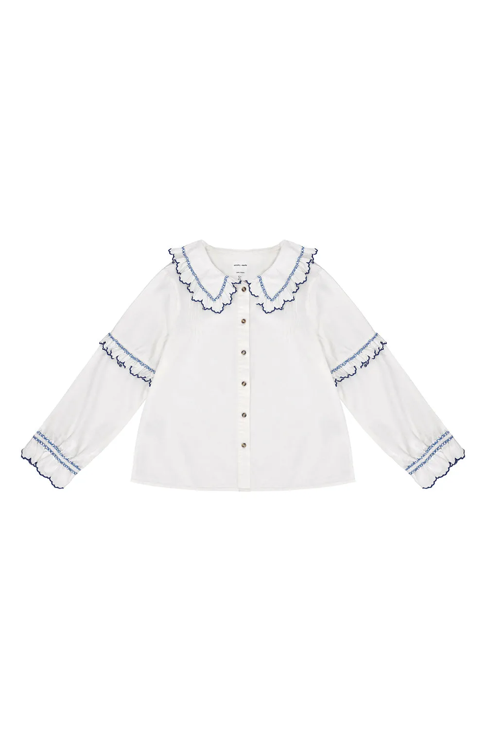 Phoebe Blouse in Ecru and Electric Blue Embroidery