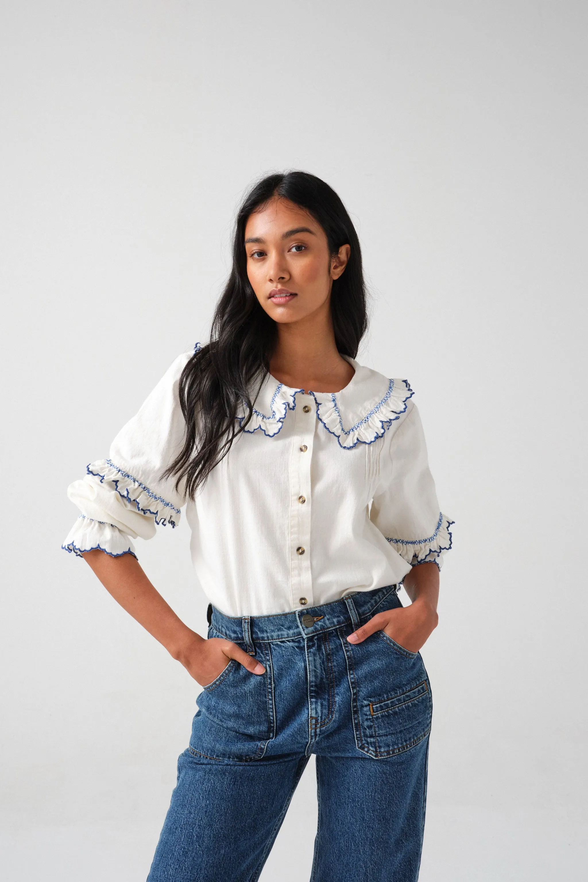 Phoebe Blouse in Ecru and Electric Blue Embroidery