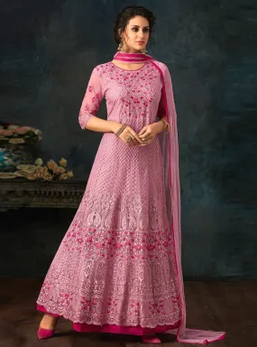 Pink Overall Floral Embroidered Flared Anarkali Suit