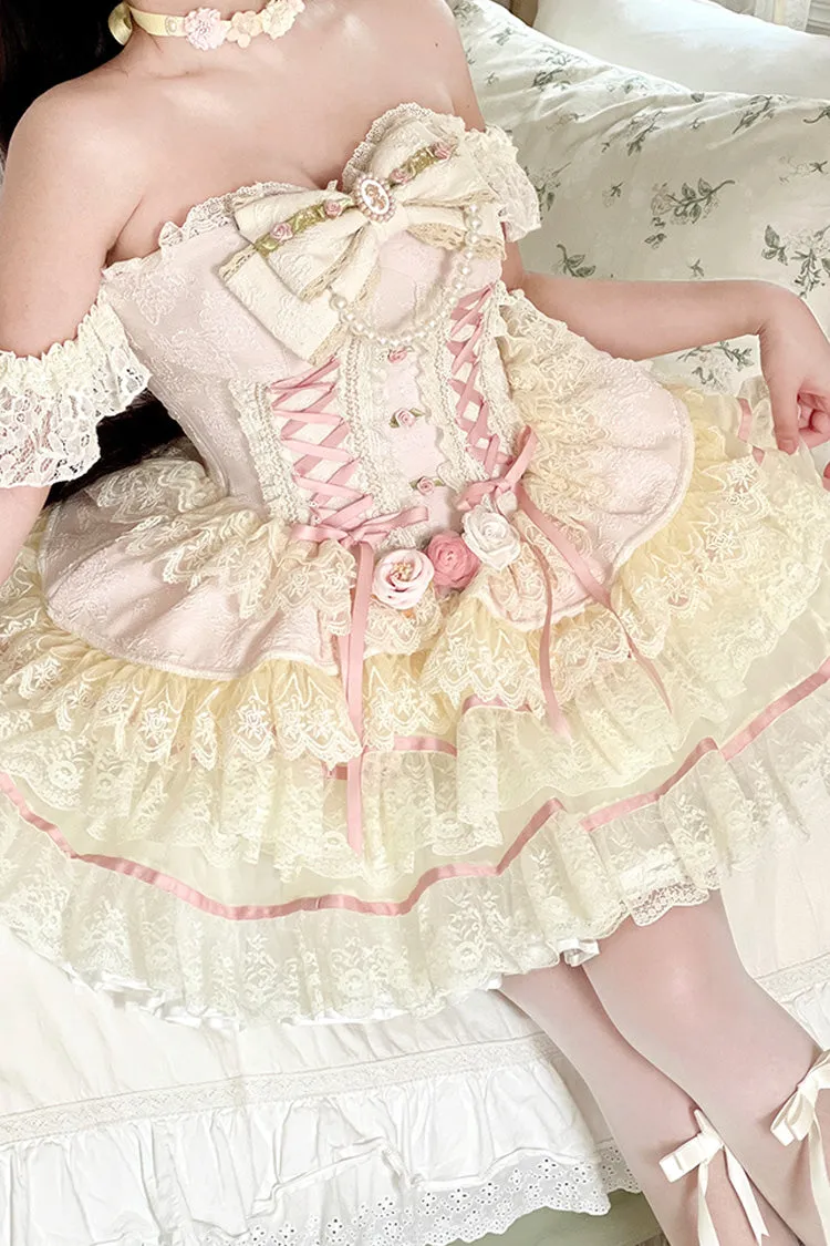 Pink [Sweet Tea Rose Dew] Triple-Layered Ruffle Bowknot Lace Gorgeous Sweet Lolita Skirt