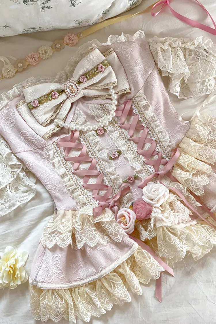 Pink [Sweet Tea Rose Dew] Triple-Layered Ruffle Bowknot Lace Gorgeous Sweet Lolita Skirt