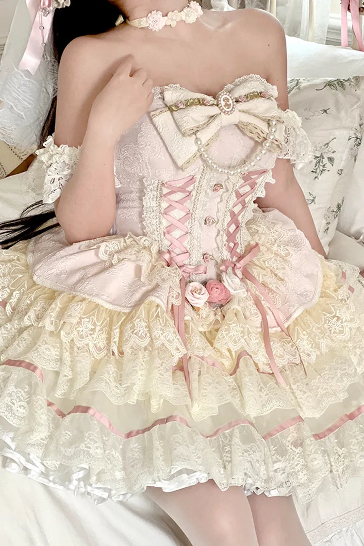 Pink [Sweet Tea Rose Dew] Triple-Layered Ruffle Bowknot Lace Gorgeous Sweet Lolita Skirt