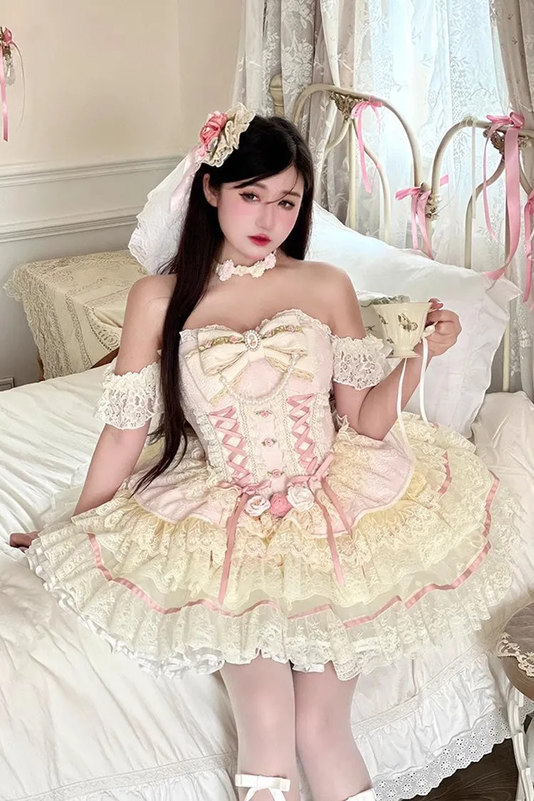 Pink [Sweet Tea Rose Dew] Triple-Layered Ruffle Bowknot Lace Gorgeous Sweet Lolita Skirt