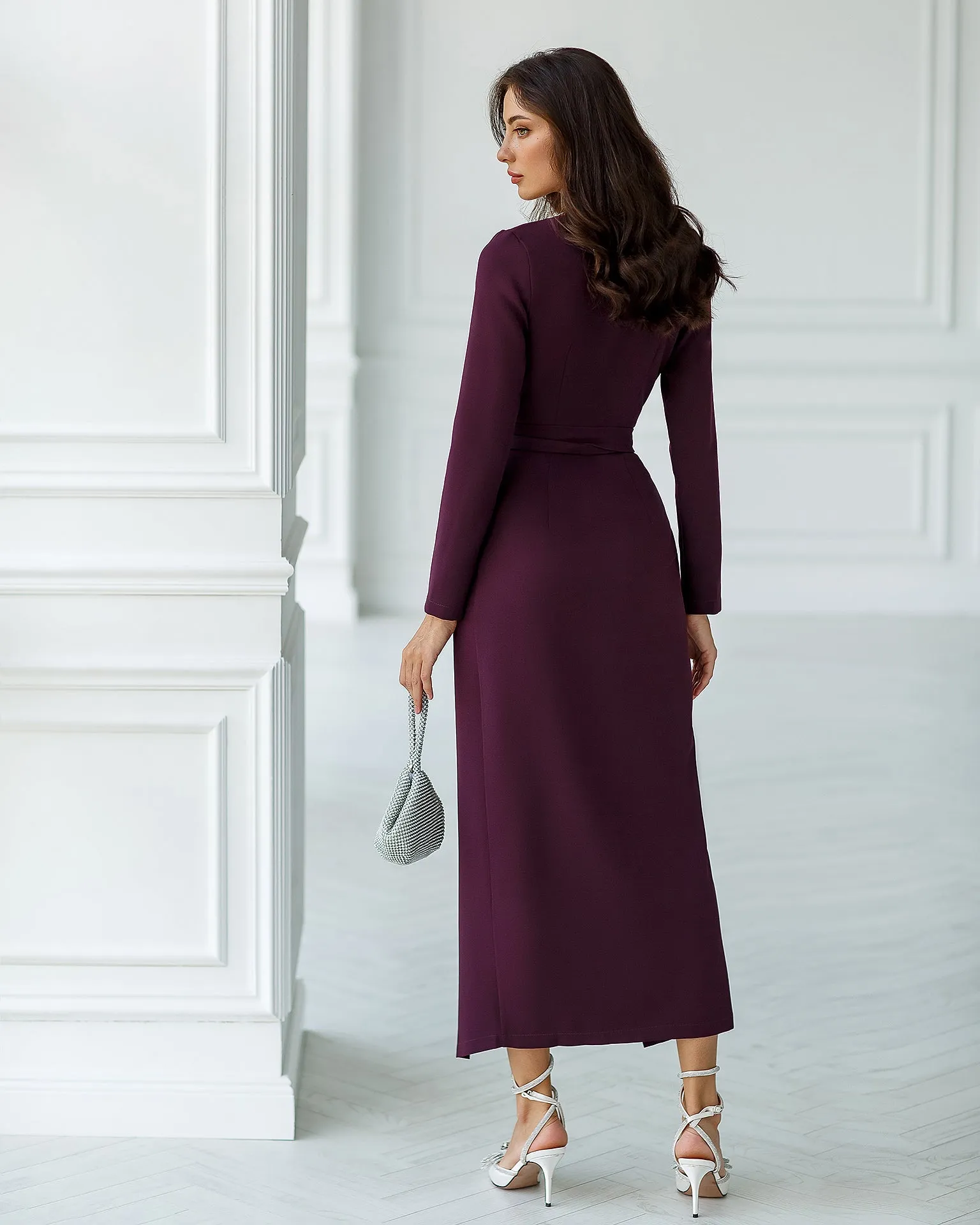 Plum Wrap Long Sleeve Collarless Maxi Dress