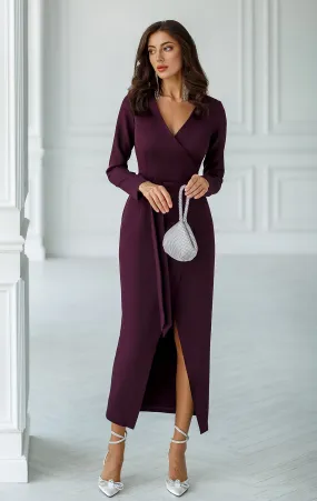 Plum Wrap Long Sleeve Collarless Maxi Dress