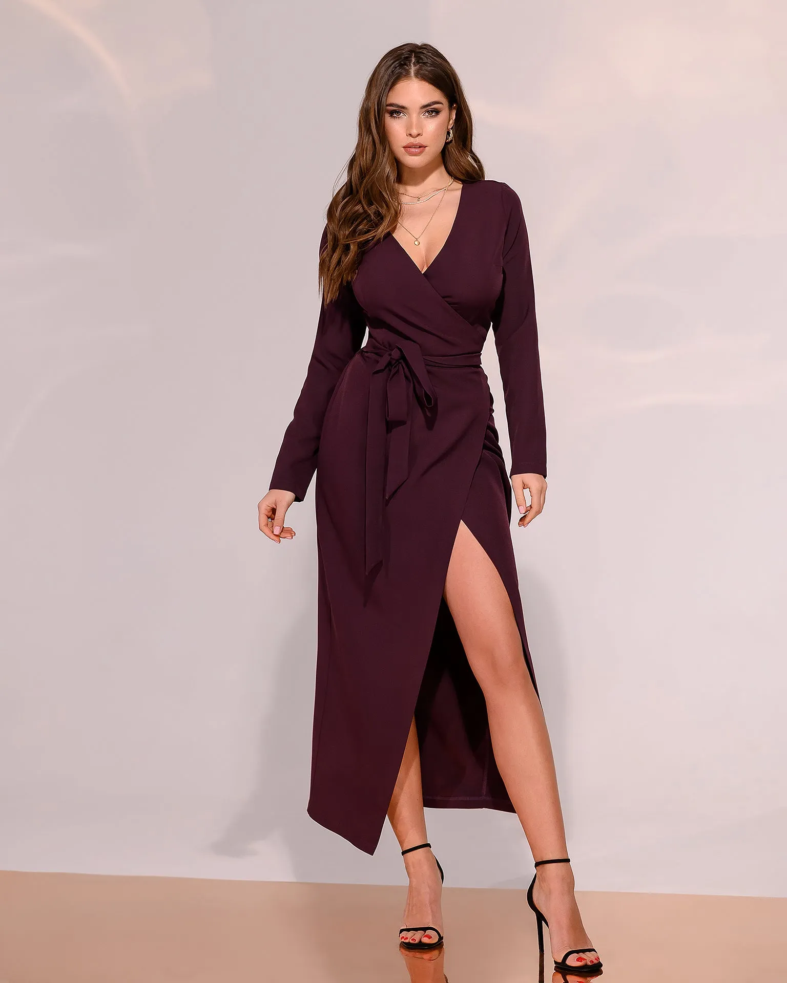 Plum Wrap Long Sleeve Collarless Maxi Dress