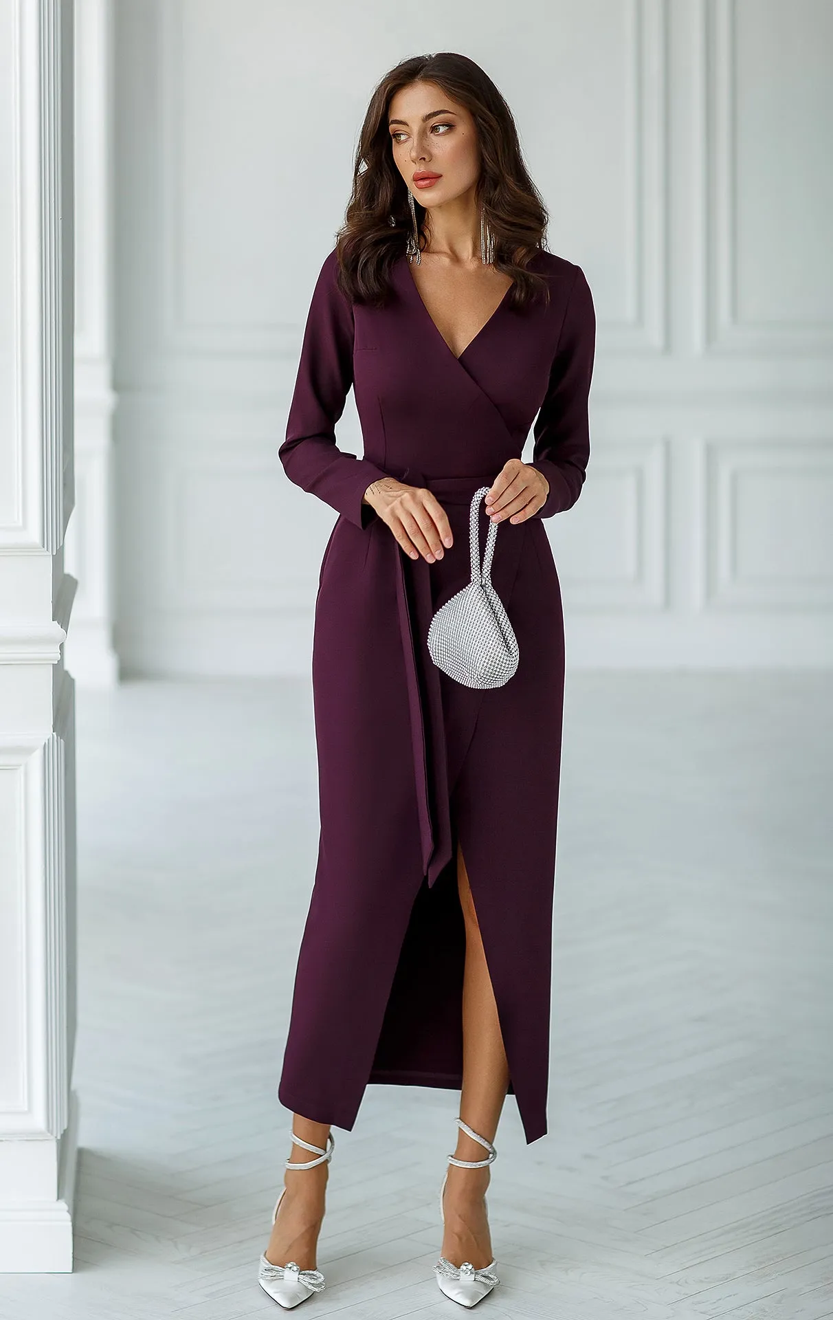 Plum Wrap Long Sleeve Collarless Maxi Dress