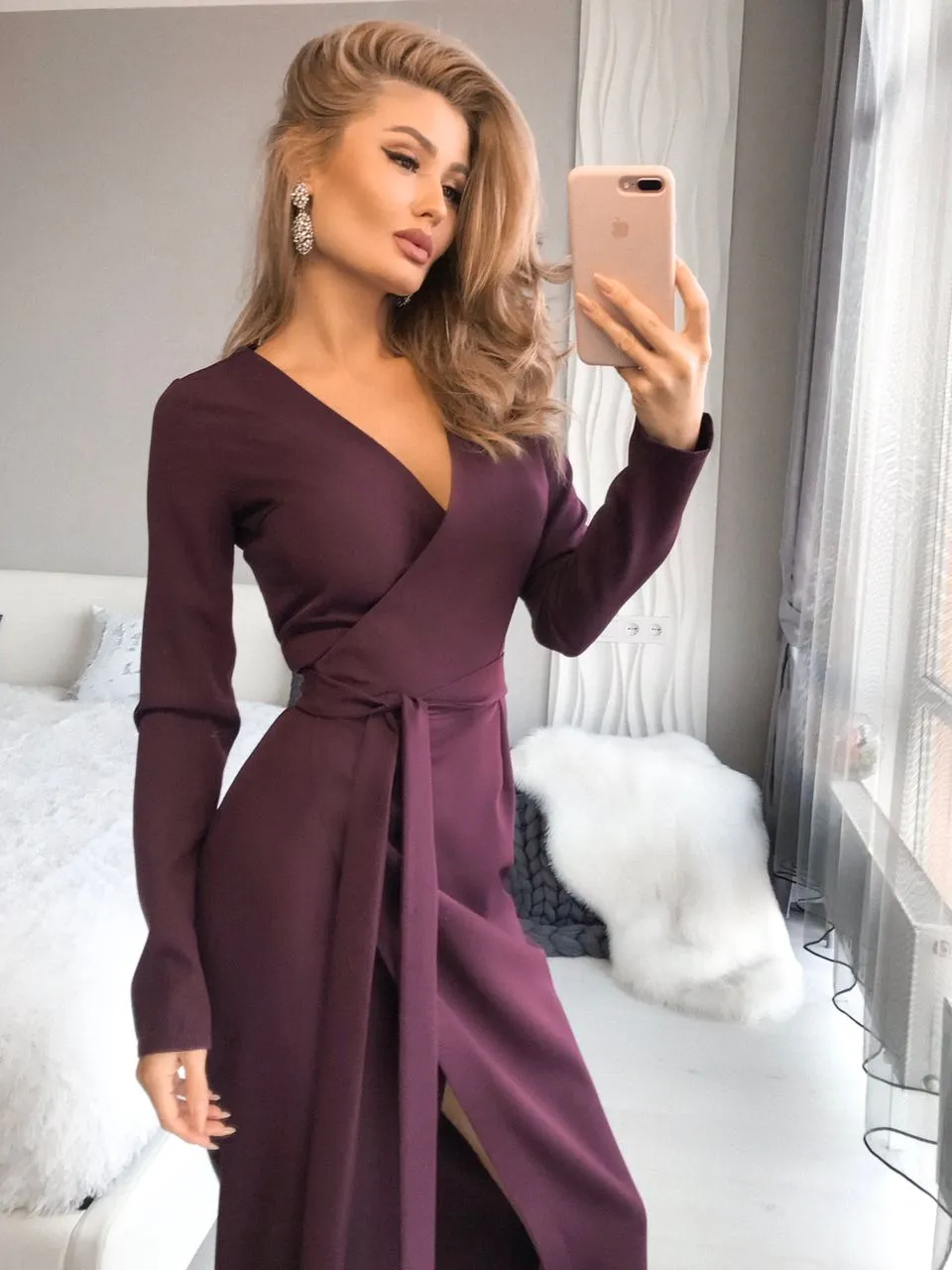 Plum Wrap Long Sleeve Collarless Maxi Dress