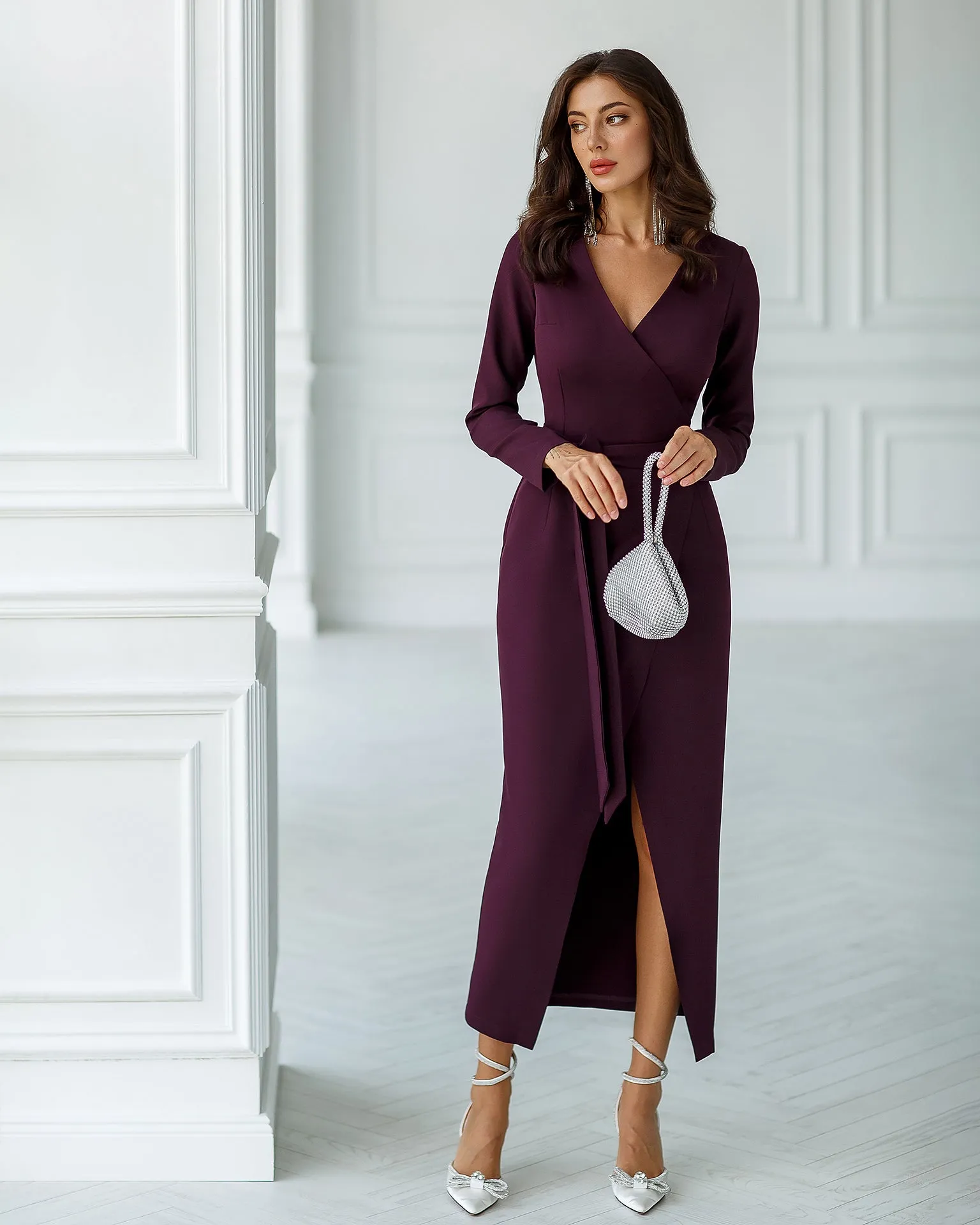 Plum Wrap Long Sleeve Collarless Maxi Dress