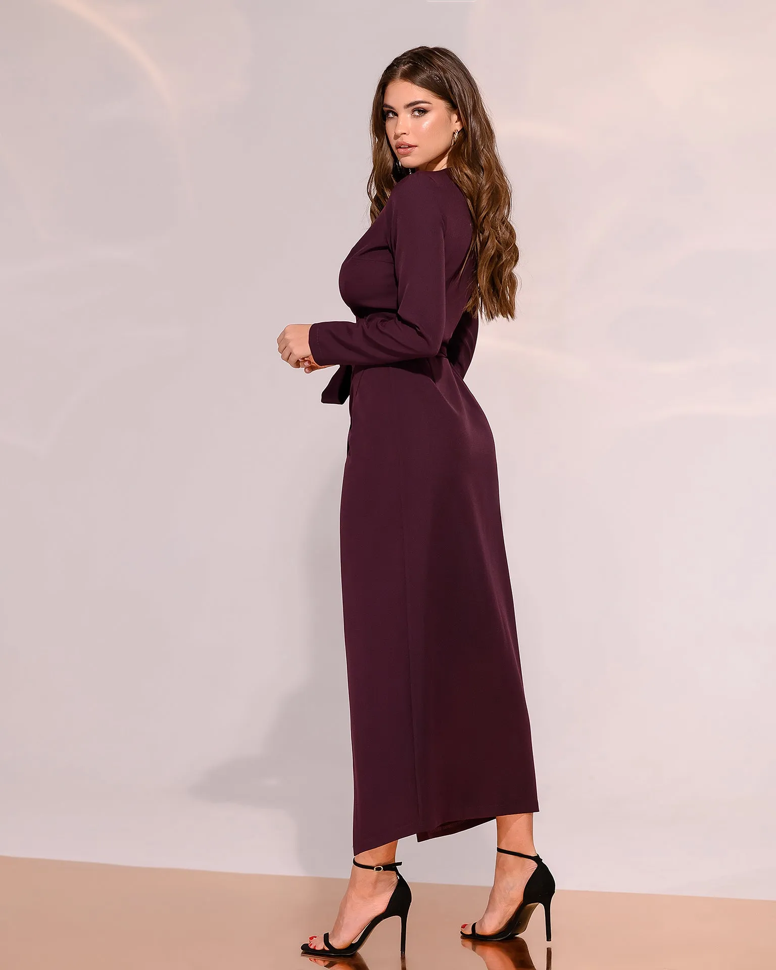 Plum Wrap Long Sleeve Collarless Maxi Dress