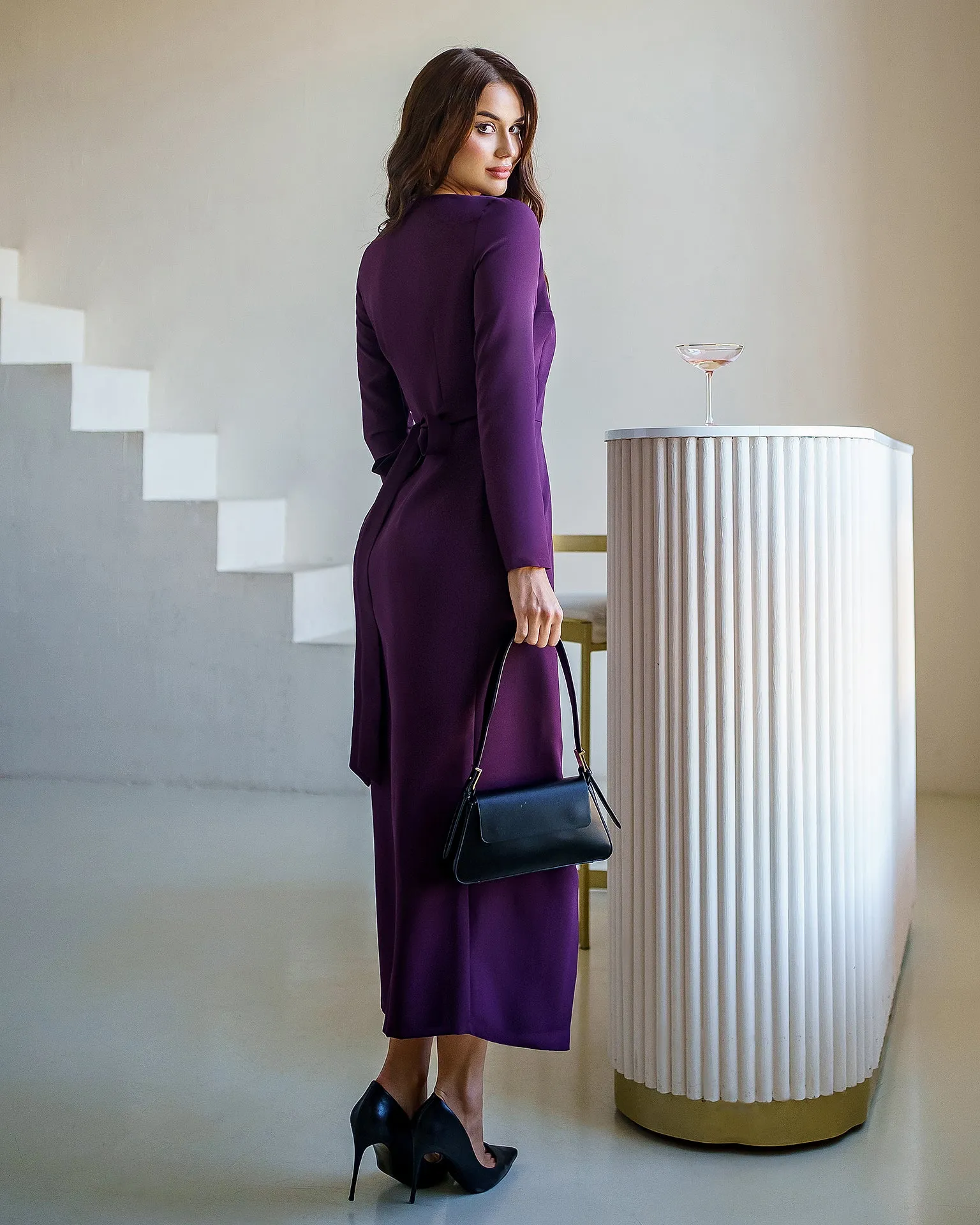 Plum Wrap Long Sleeve Collarless Maxi Dress