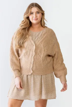 Plus Size Beige Cable Knit Pearl Buttons Cardigan /3-2-1