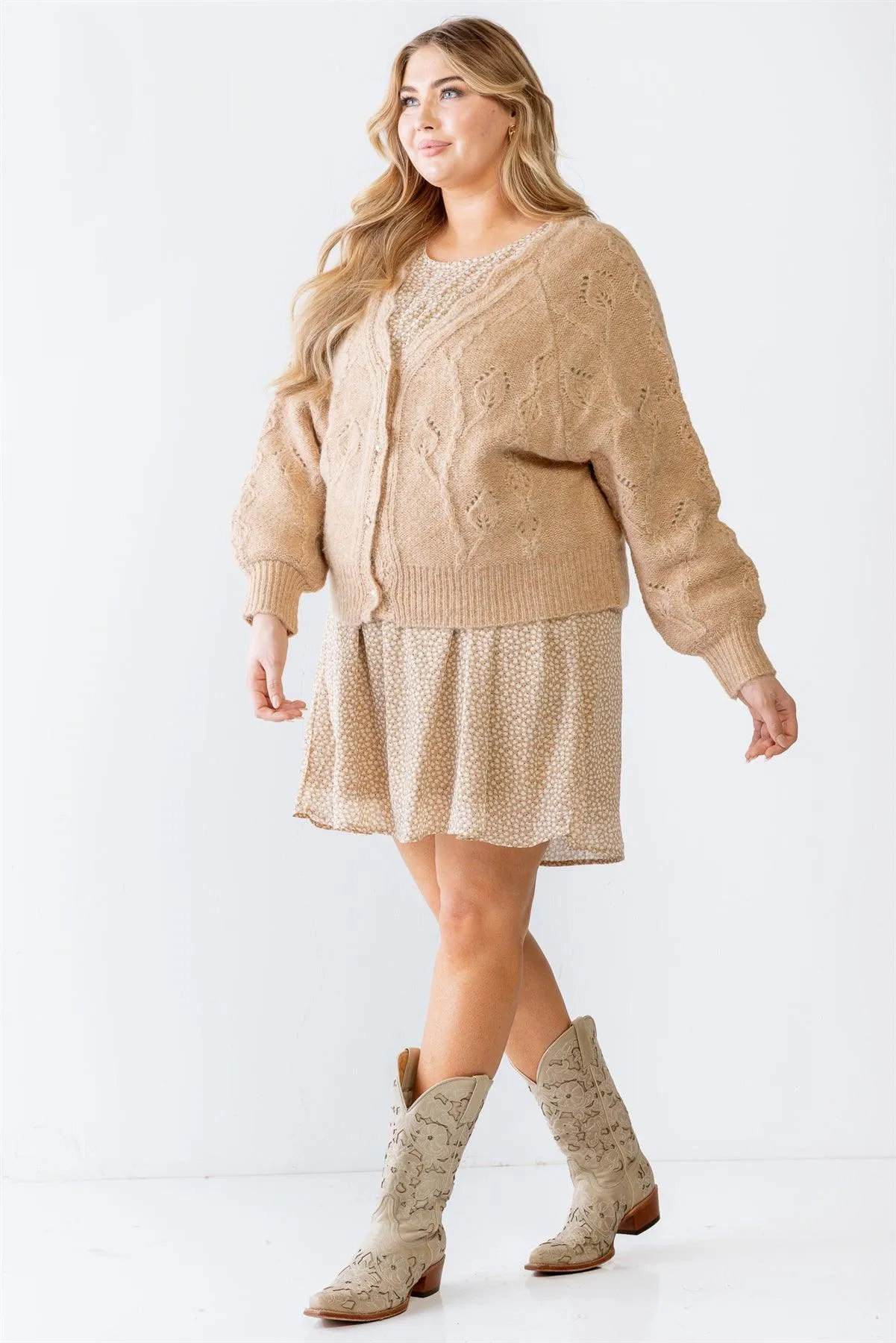 Plus Size Beige Cable Knit Pearl Buttons Cardigan /3-2-1