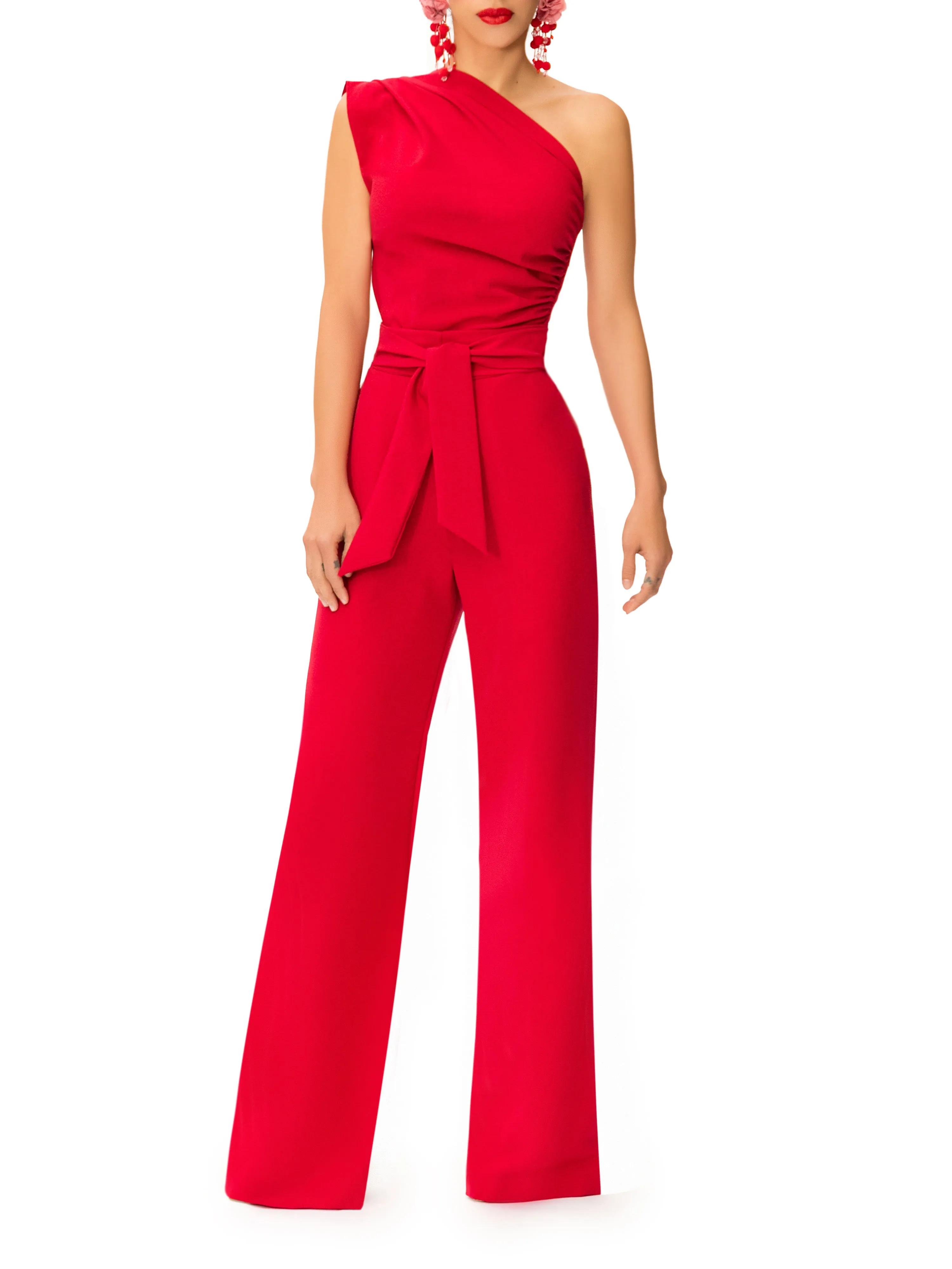 "Bia" One Shoulder Drape Jumpsuit w/Belt