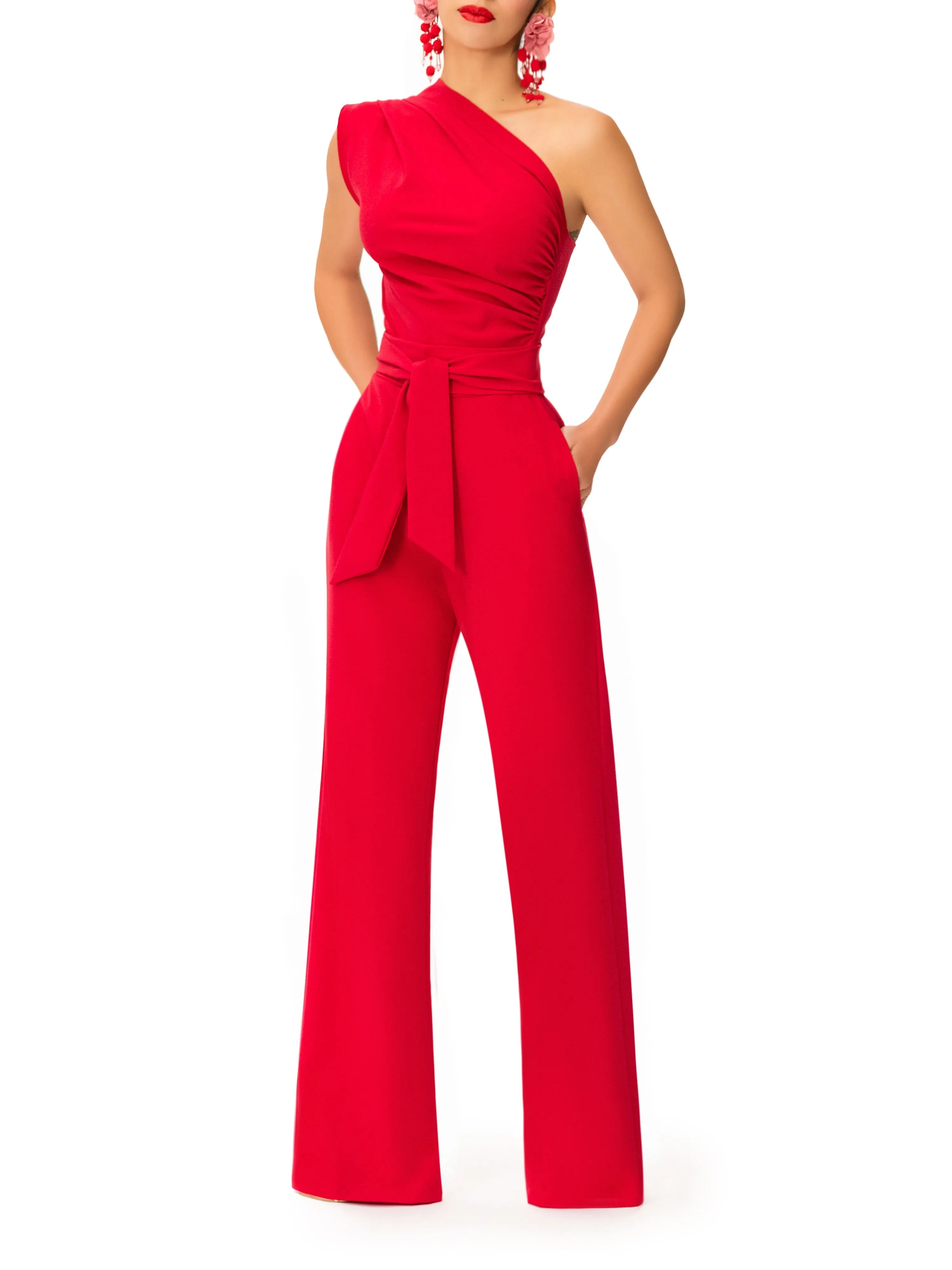 "Bia" One Shoulder Drape Jumpsuit w/Belt