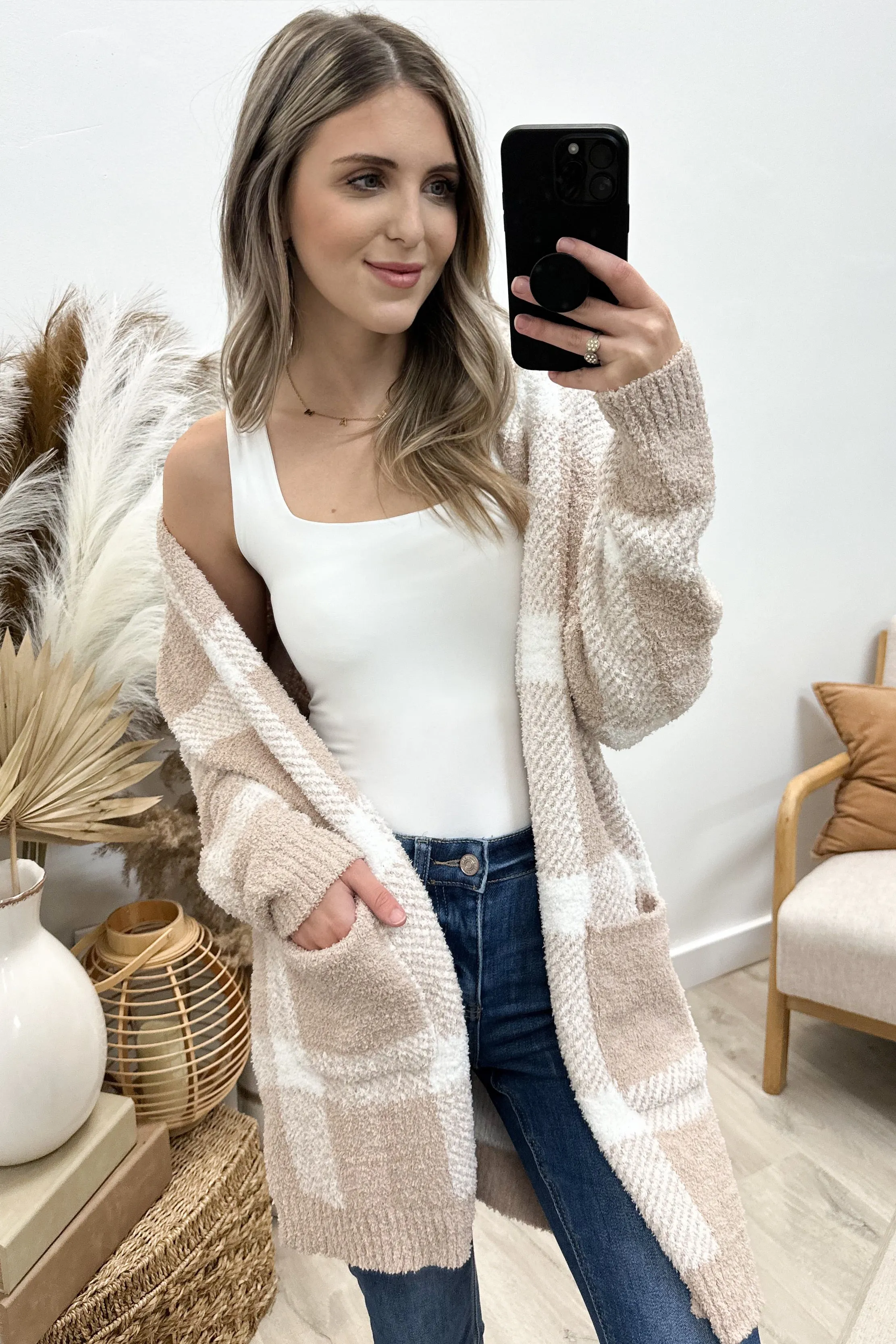 "Cozy In Plaid" Cardigan (Taupe/white)