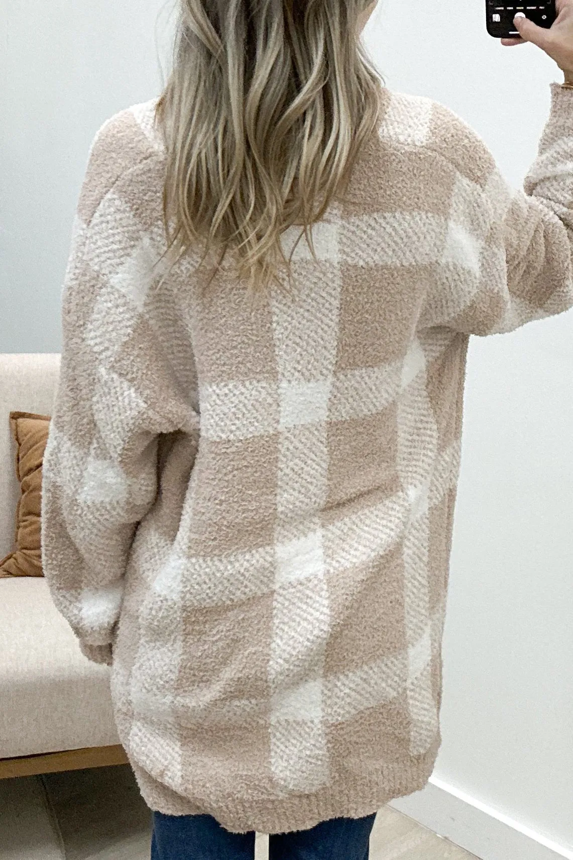 "Cozy In Plaid" Cardigan (Taupe/white)