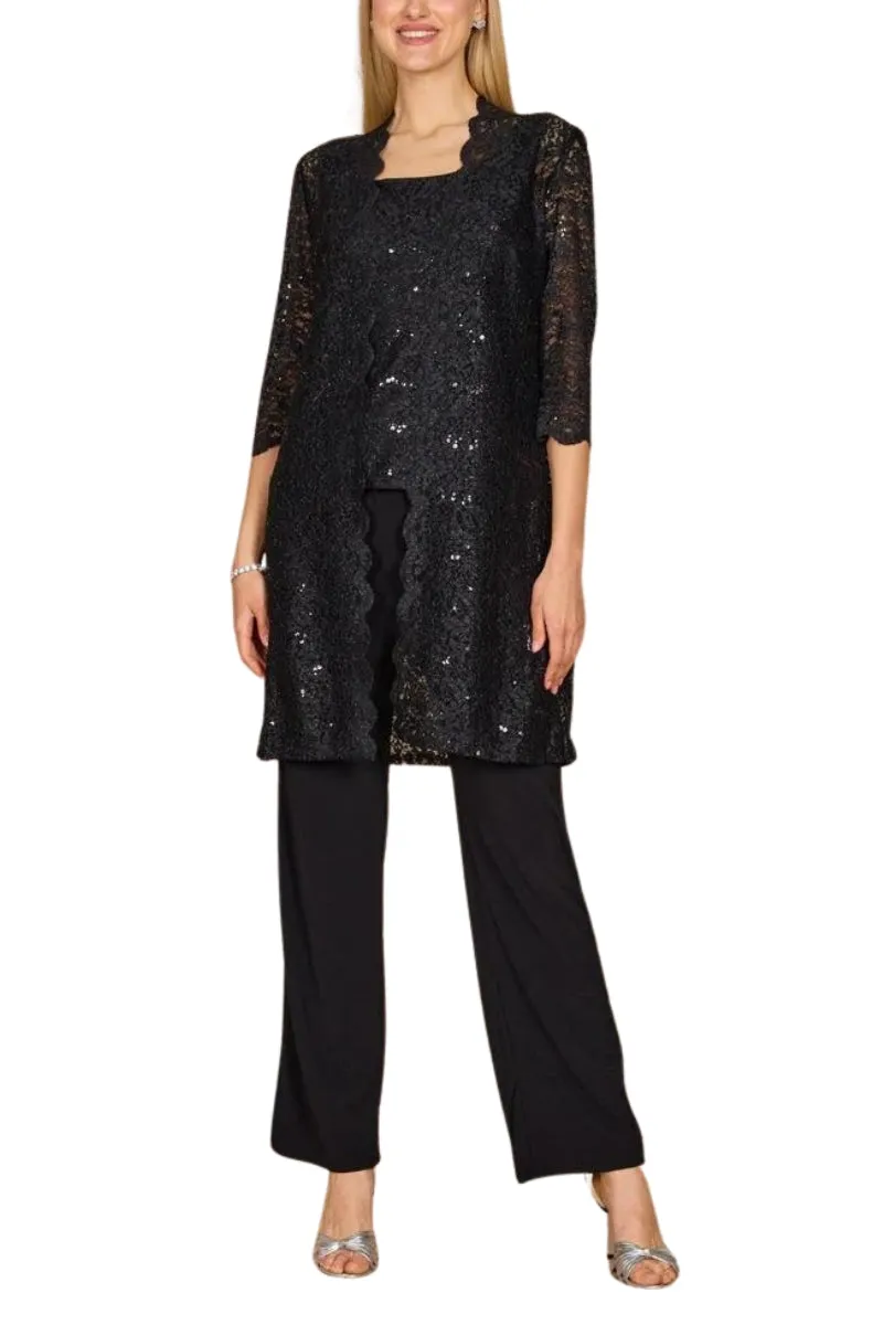 R&M Richards Metallic Lace Tank Top and Pant Set with Sheer Lace Jacket (Plus Size)