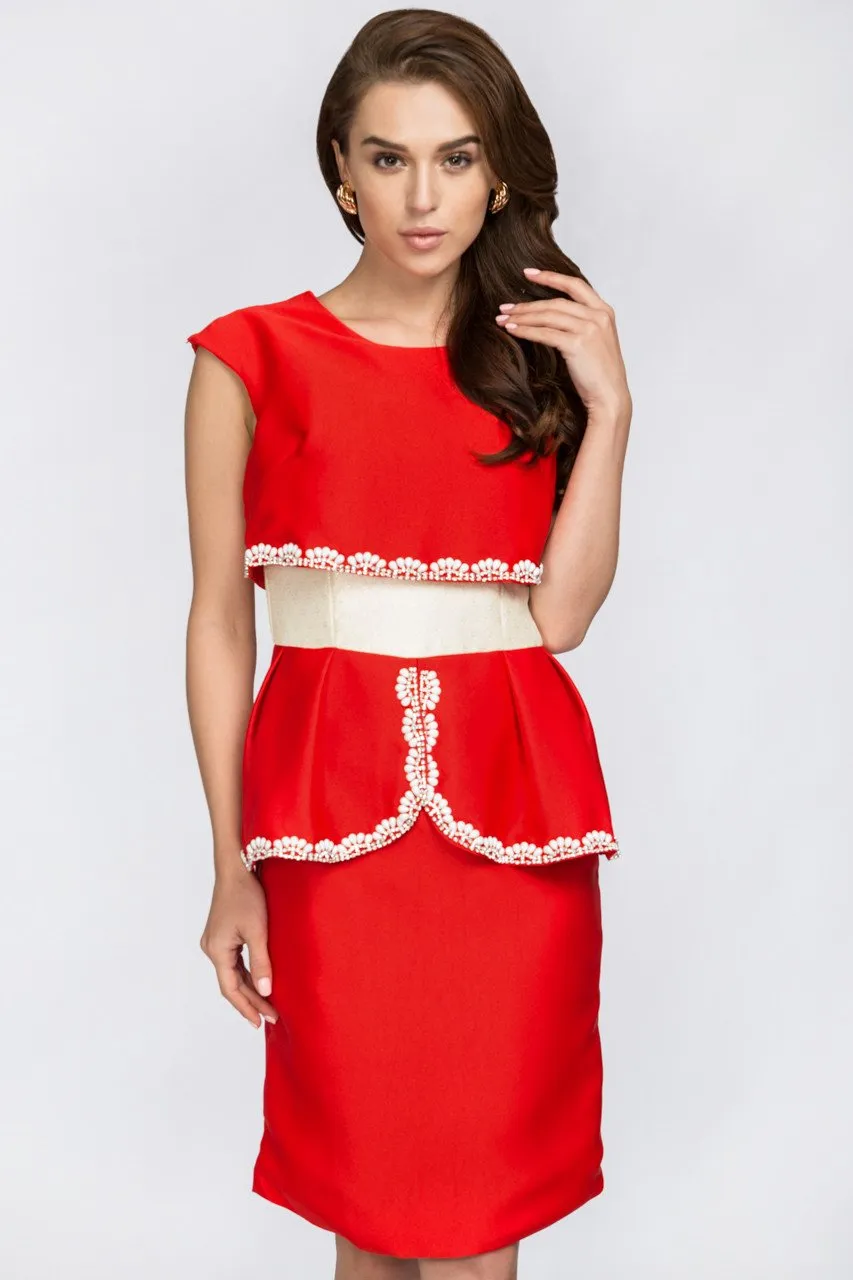 Red Crop Top Illusion White Jewel Trim Peplum Midi Dress