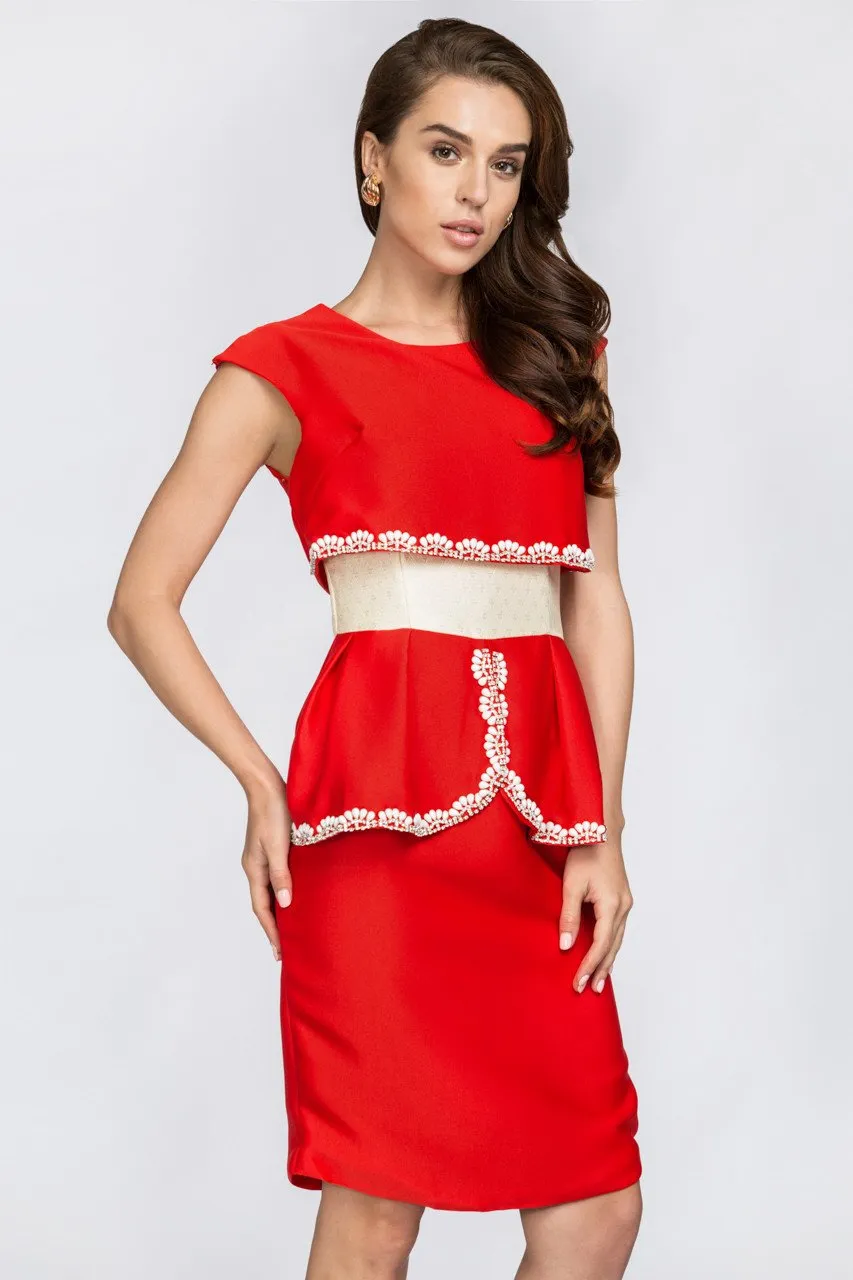 Red Crop Top Illusion White Jewel Trim Peplum Midi Dress