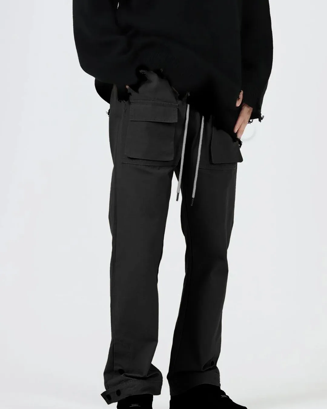 Slim Summer Thin Cargo Double Button Black Pants