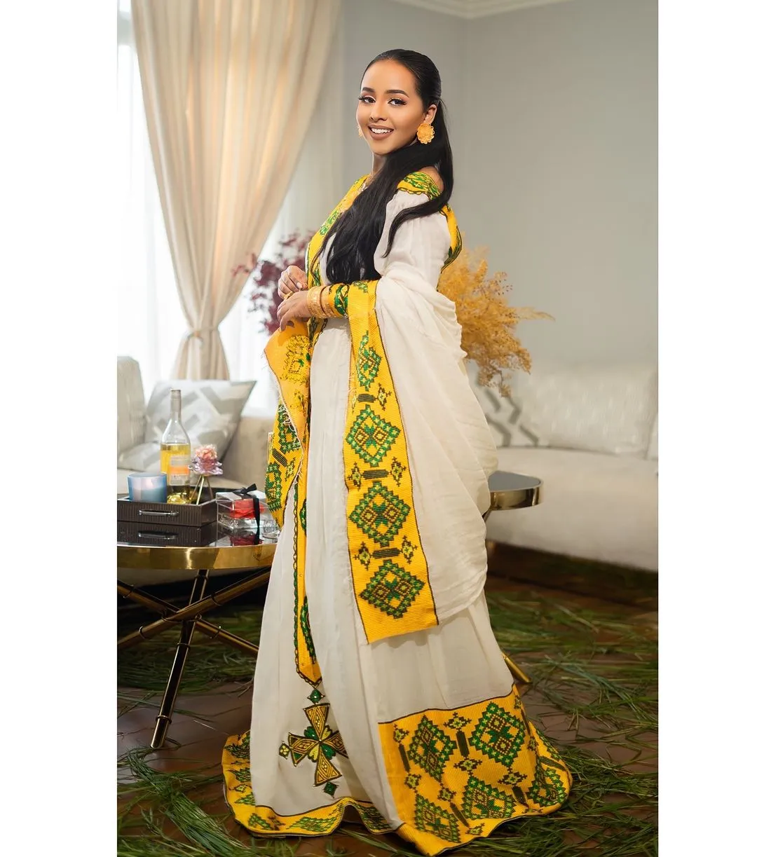 Striking Yellow and Green Handwoven Habesha Dress: with Cross-Stitch Embroidery Traditional Ethiopian Dress