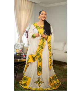 Striking Yellow and Green Handwoven Habesha Dress: with Cross-Stitch Embroidery Traditional Ethiopian Dress