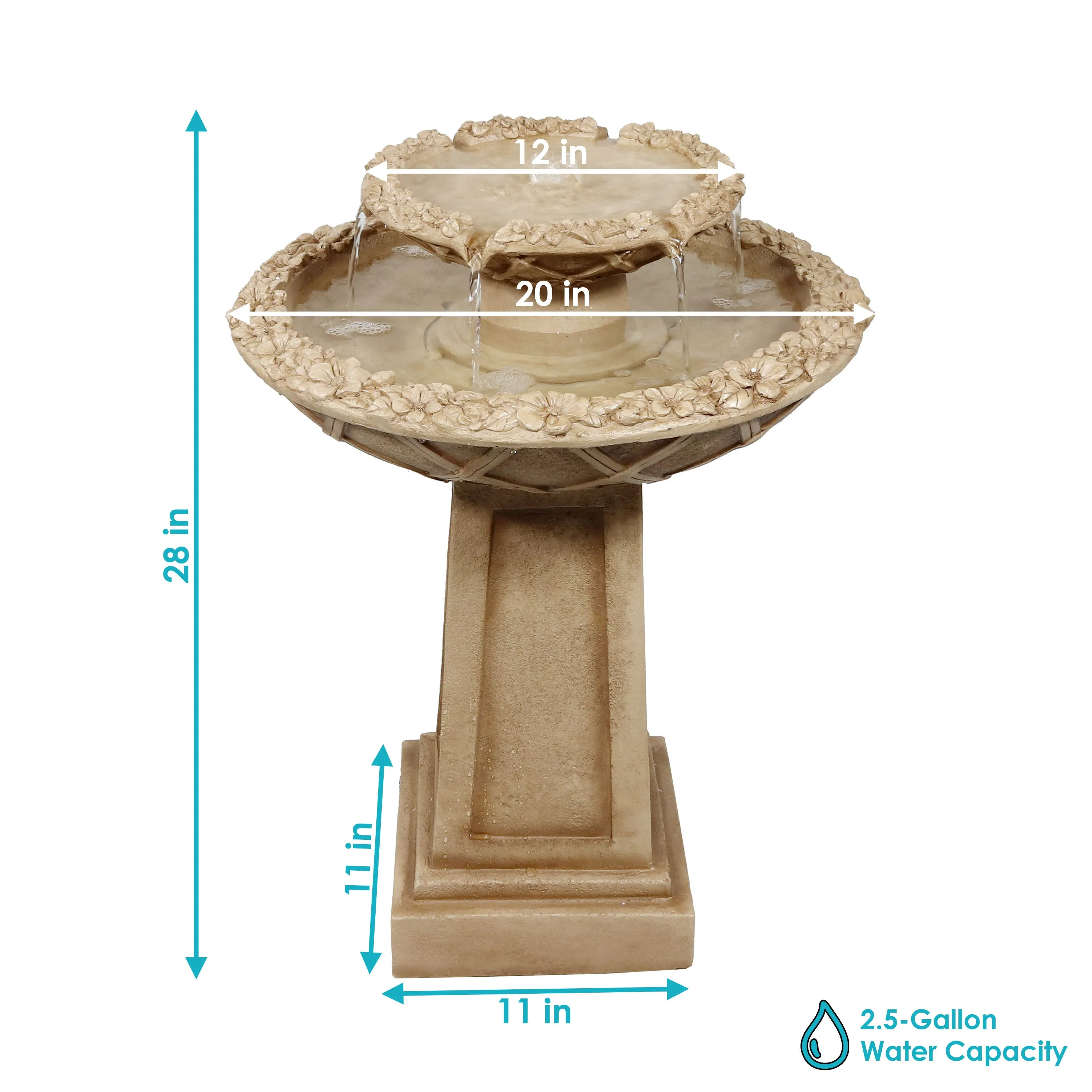 Sunnydaze Beveled Flower 2-Tier Birdbath Water Fountain - 28"