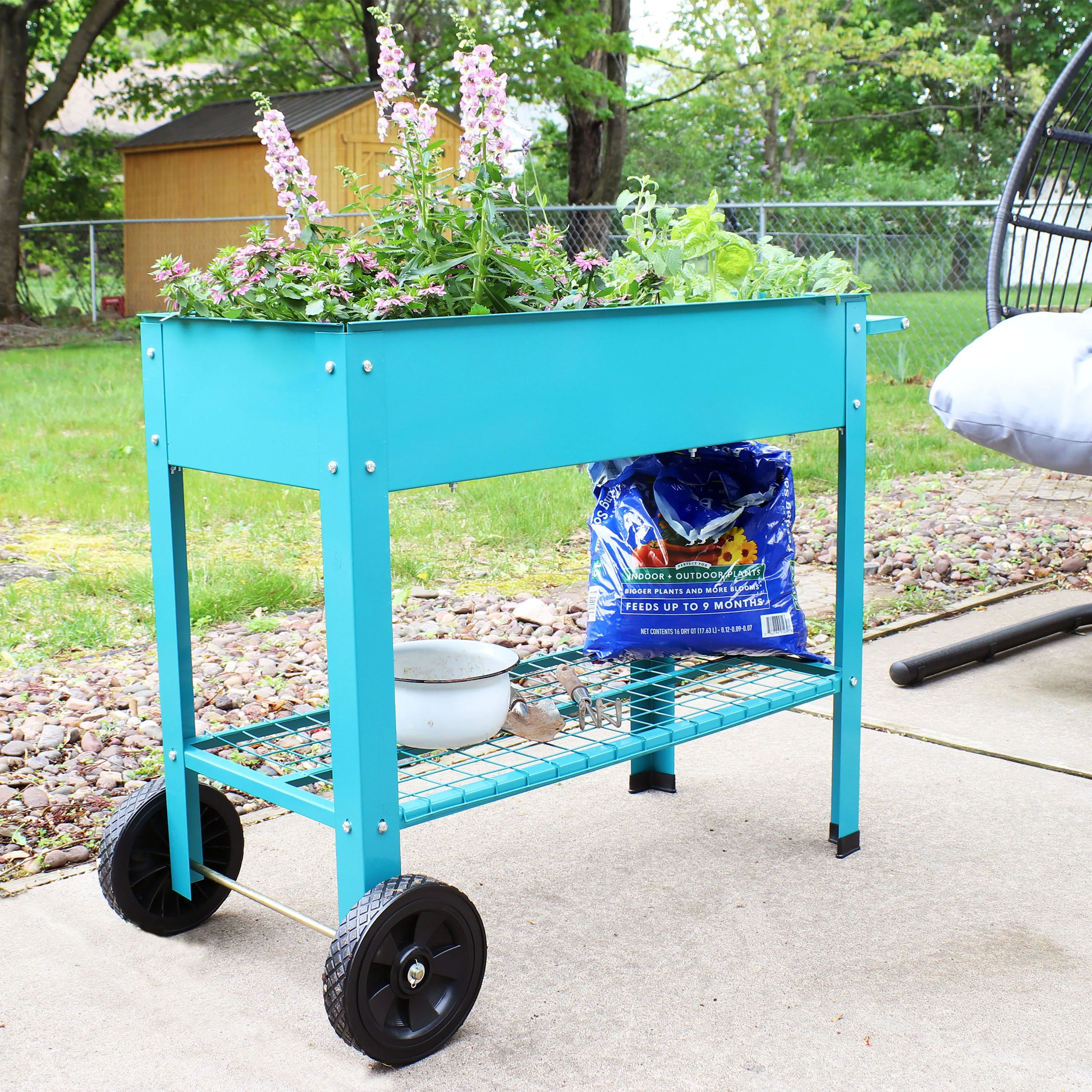 Sunnydaze Galvanized Steel Mobile Raised Garden Bed Cart