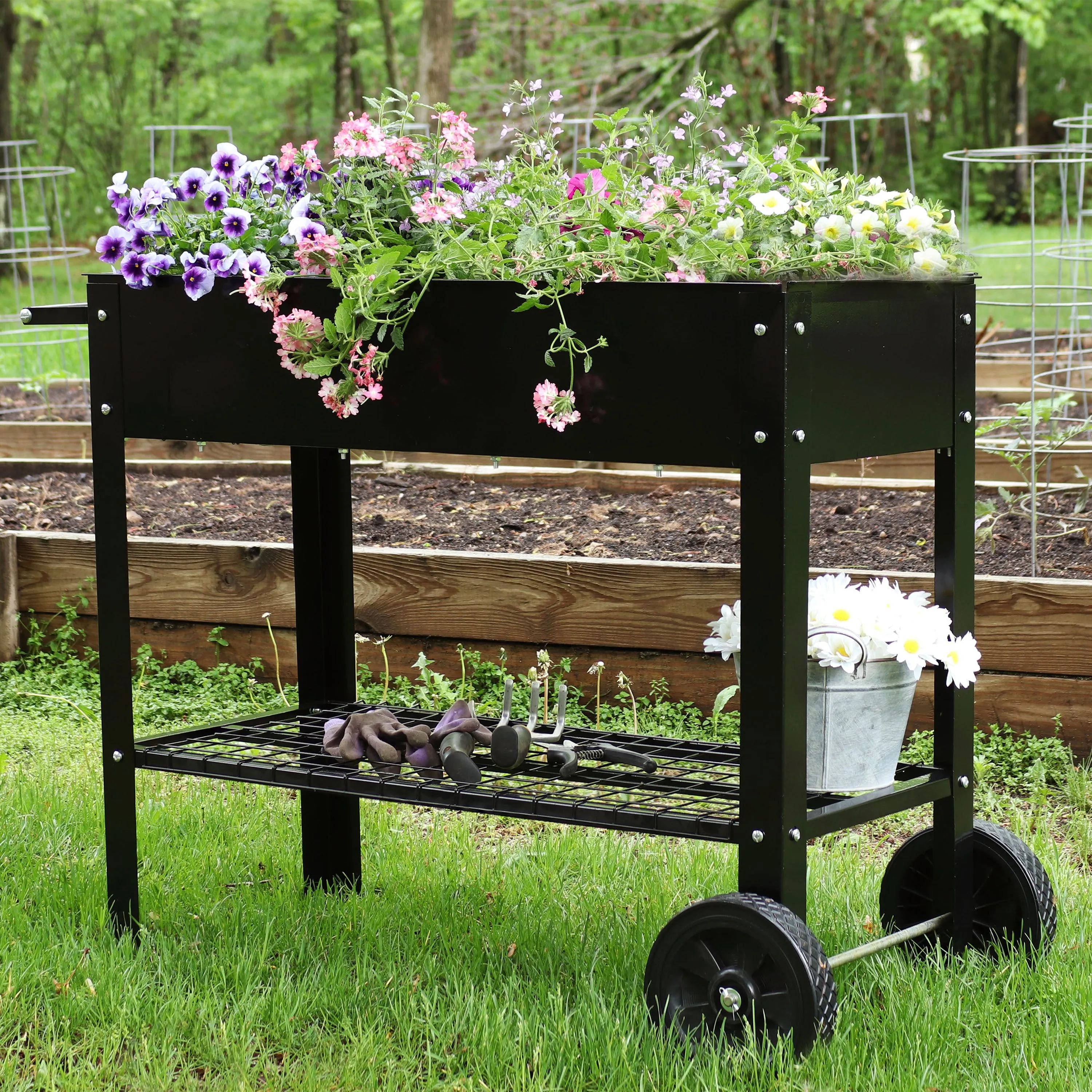 Sunnydaze Galvanized Steel Mobile Raised Garden Bed Cart