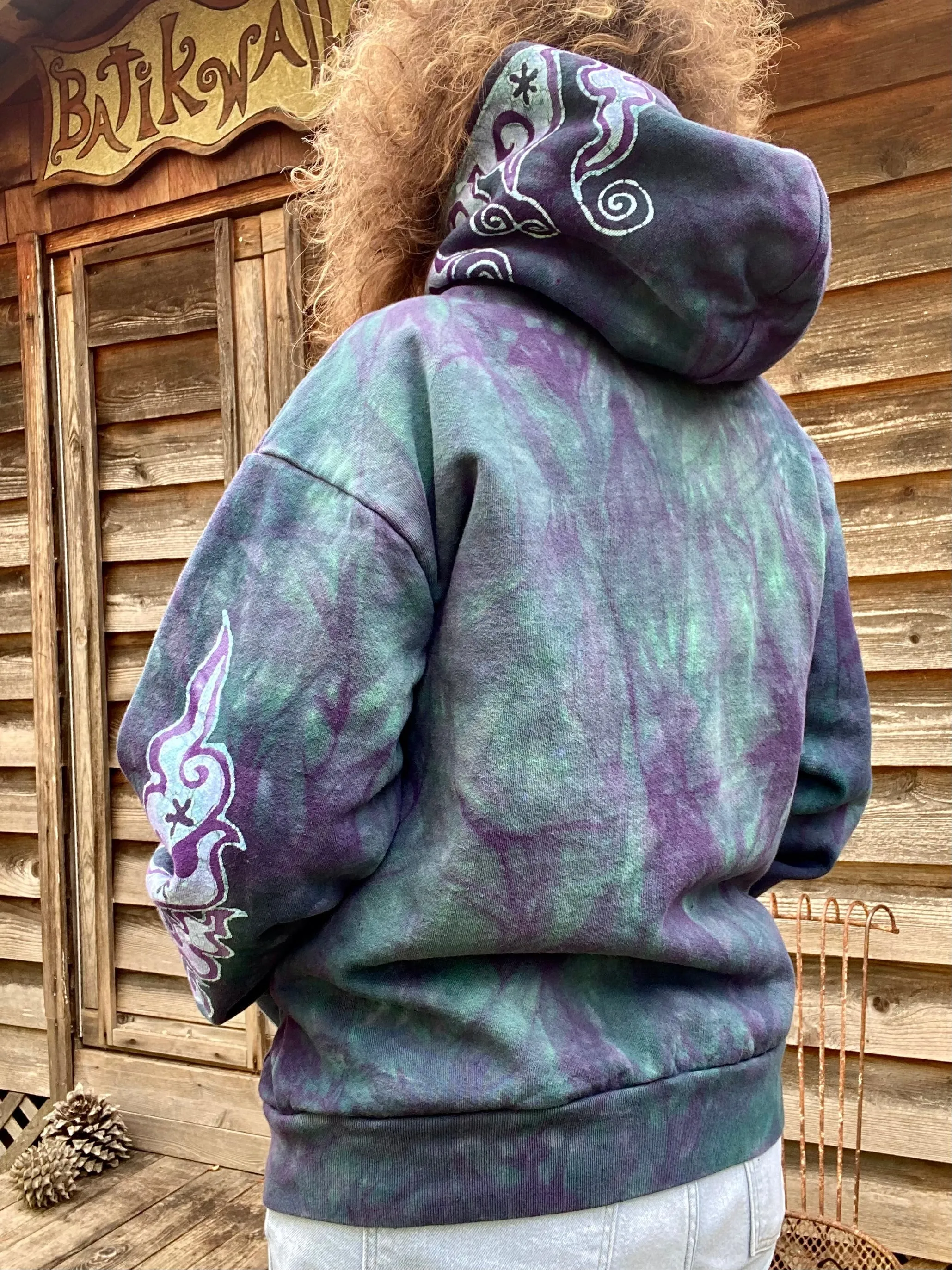 Teal and Purple Tuxedo Swirls with Stars Handcrafted Batik Zipper Hoodie - Medium