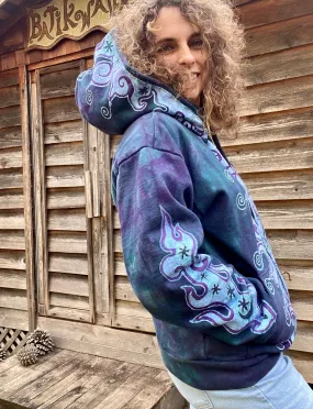 Teal and Purple Tuxedo Swirls with Stars Handcrafted Batik Zipper Hoodie - Medium