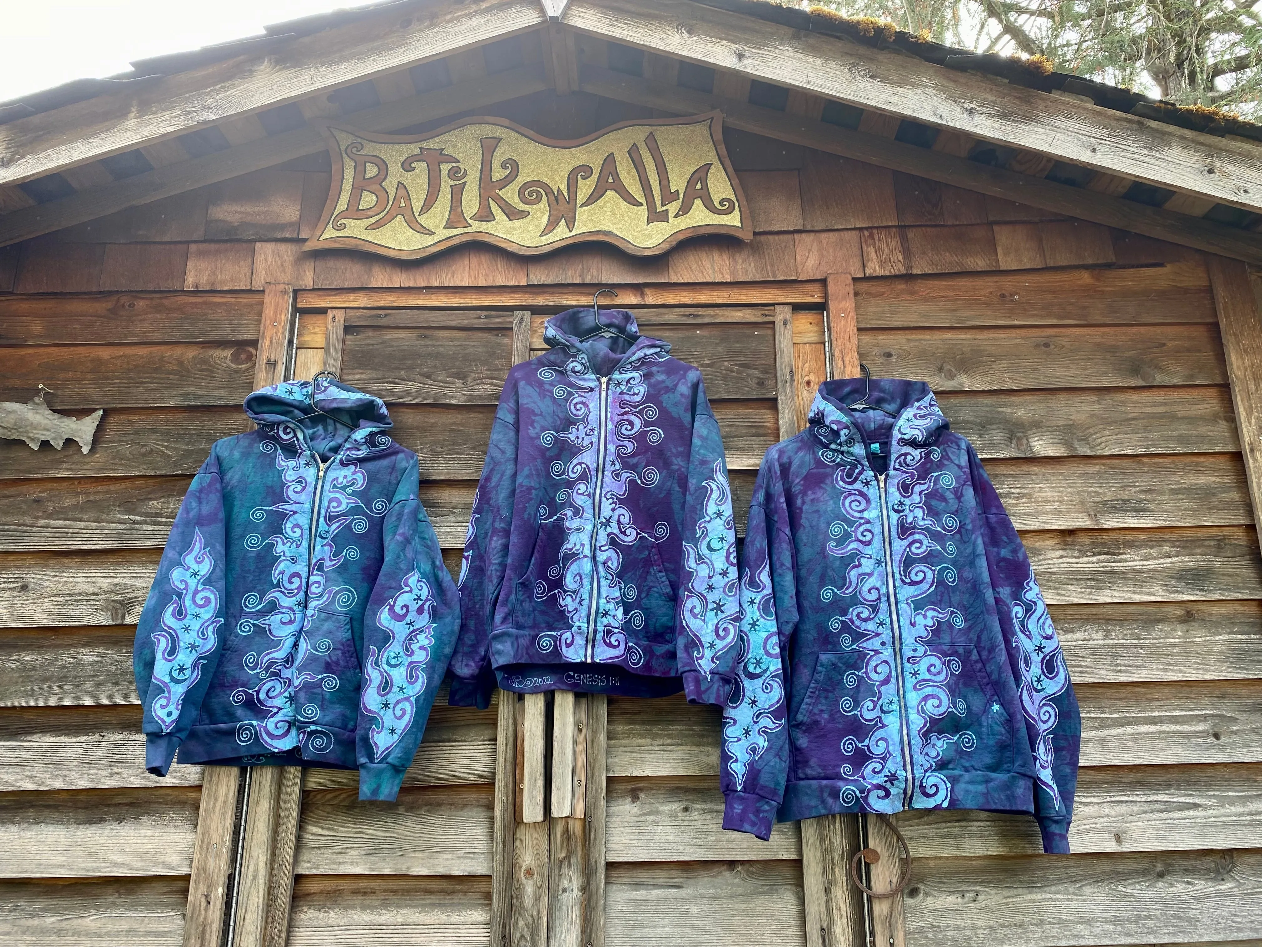 Teal and Purple Tuxedo Swirls with Stars Handcrafted Batik Zipper Hoodie - Medium