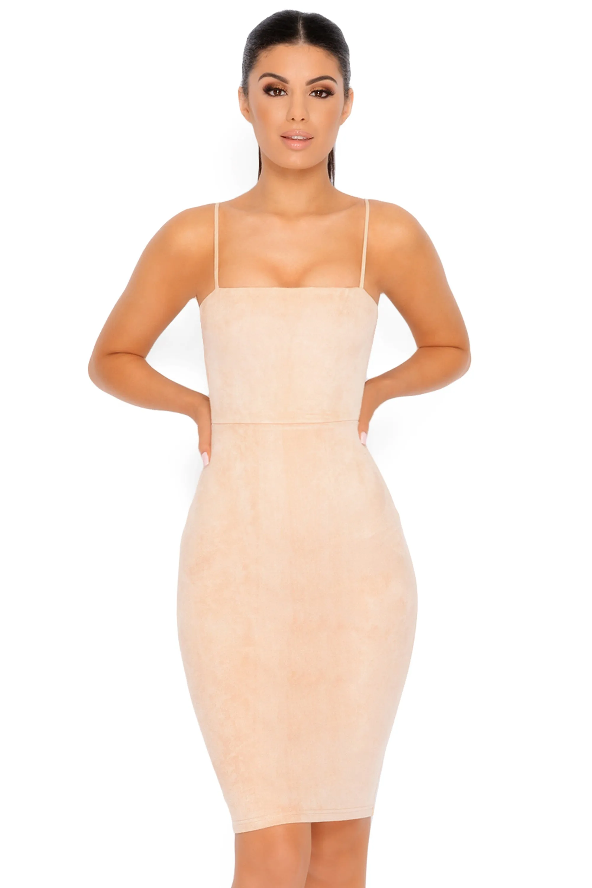 Throwing Suede Strappy Knee Length Dress in Camel