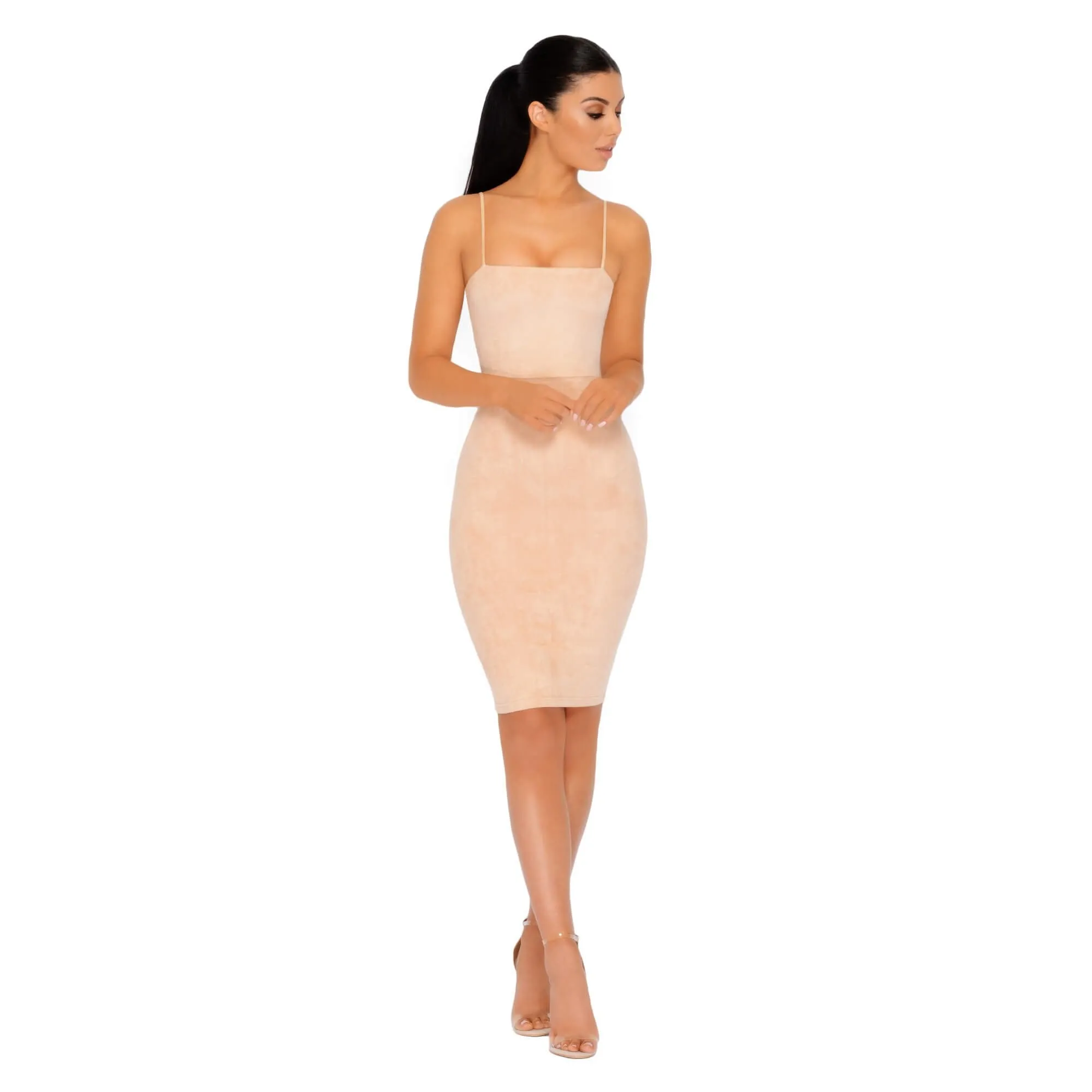 Throwing Suede Strappy Knee Length Dress in Camel