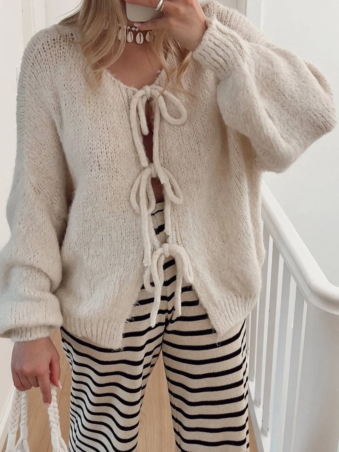 Tied Long Sleeve Dropped Shoulder Cardigan