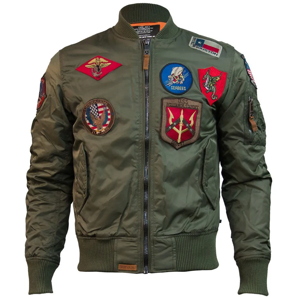 Top Gun MA 1 Nylon Bomber Jacket with Patches Olive