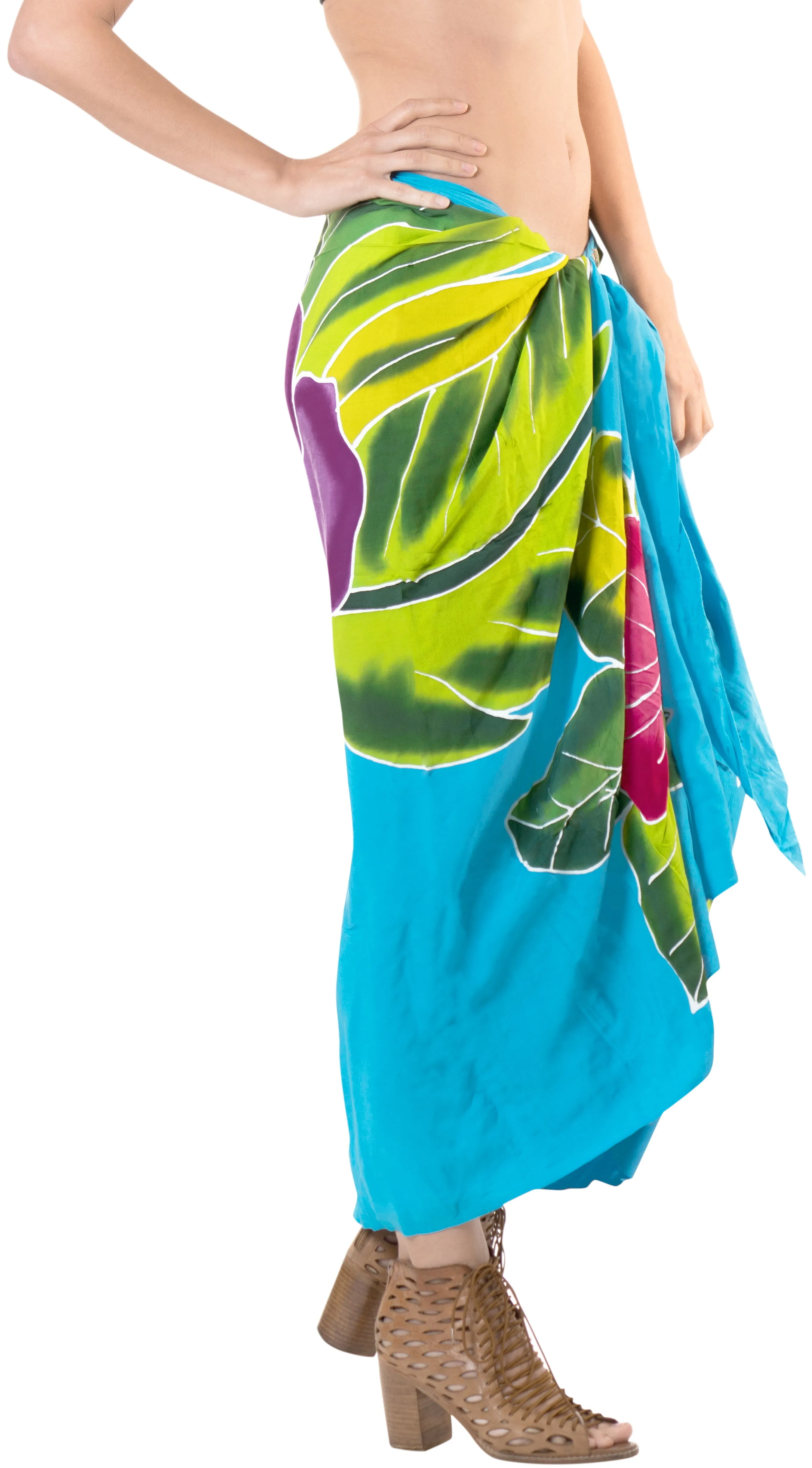 Turquoise Non-Sheer Hand Painted Hibiscus and Leaves Beach Wrap For Women