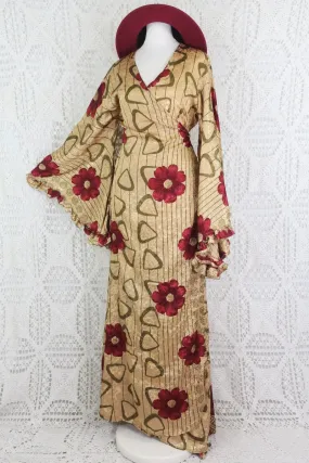 Venus Maxi Wrap Dress - Parchment & Ruby Floral Shimmer - Vintage Indian Sari - XS - S/M