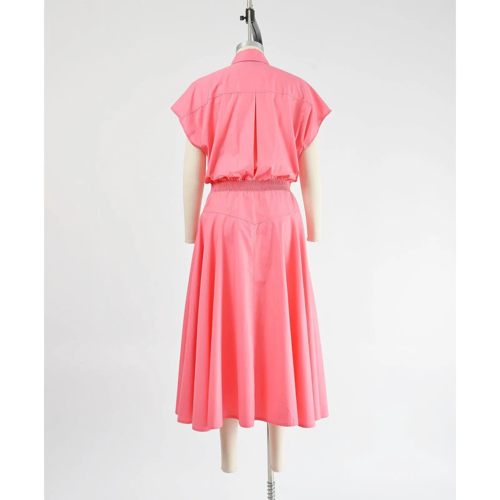 Vintage 80s Pink Shirt Dress Cap Sleeve Collared Button Front Full Midi Skirt with Pockets size S M