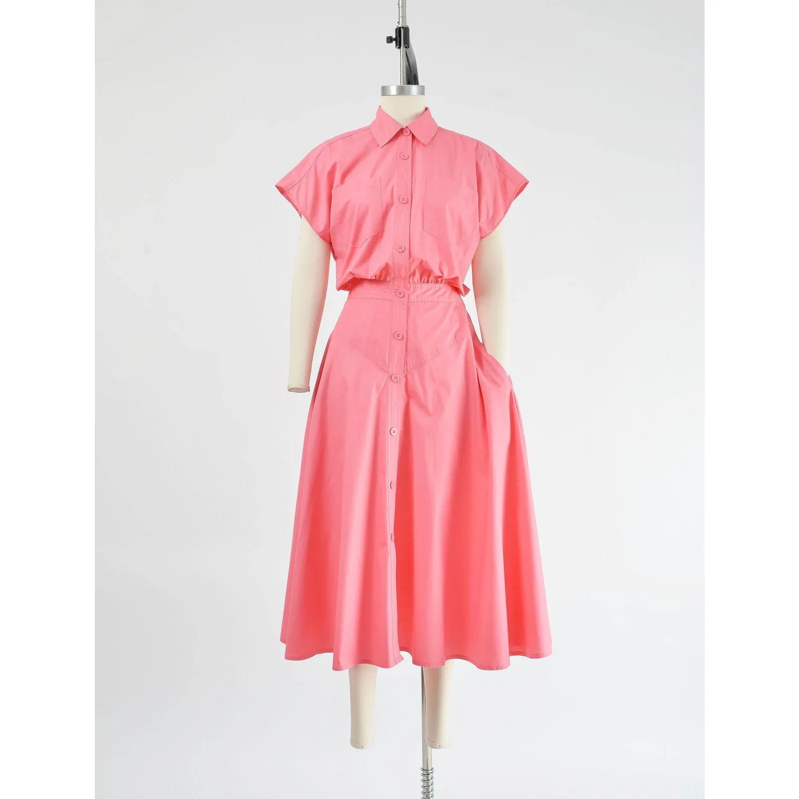 Vintage 80s Pink Shirt Dress Cap Sleeve Collared Button Front Full Midi Skirt with Pockets size S M