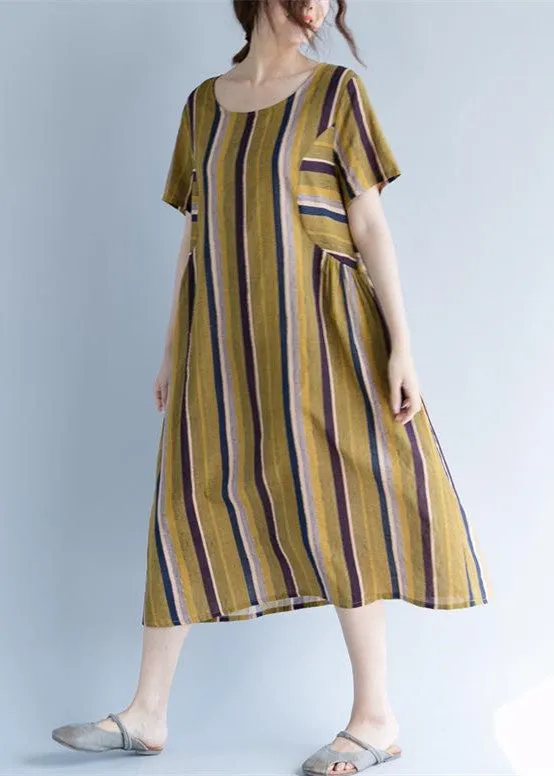 Women Yellow Long Cotton Linen Dress Trendy Plus Size O Neck Traveling Clothing Fine Striped Short Sleeve Cotton Linen Caftans