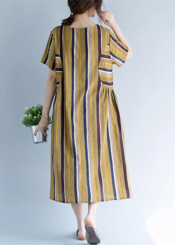 Women Yellow Long Cotton Linen Dress Trendy Plus Size O Neck Traveling Clothing Fine Striped Short Sleeve Cotton Linen Caftans