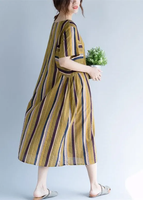 Women Yellow Long Cotton Linen Dress Trendy Plus Size O Neck Traveling Clothing Fine Striped Short Sleeve Cotton Linen Caftans